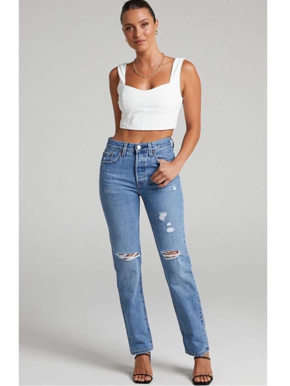 Levis Premium 501 Original Fit Denim High Rise Button Fly Jeans in Athens Crown
